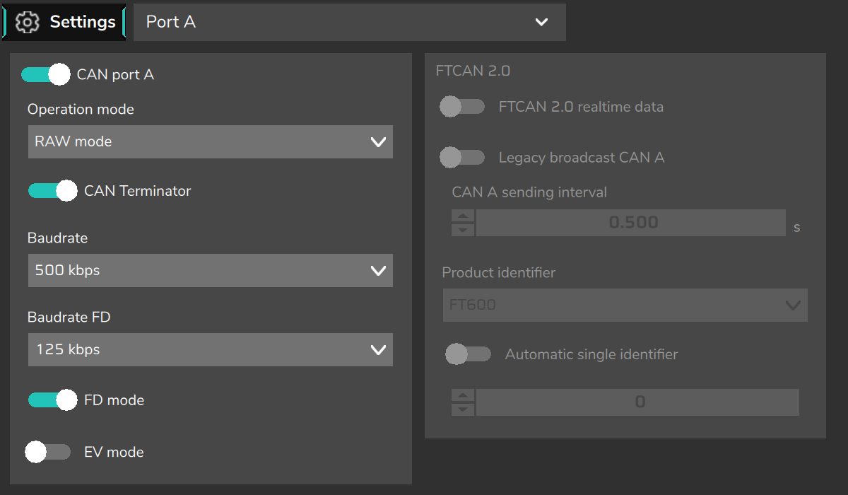 CAN ports screen, Port A in RAW mode.