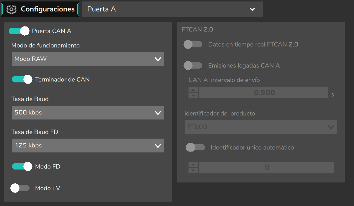 Pantalla Puertas CAN, Puerta A en Modo RAW.