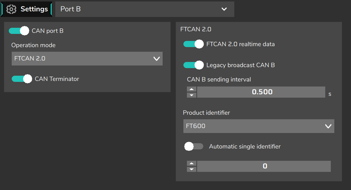 Port B in FTCAN 2.0, with the FTCAN 2.0 group active.