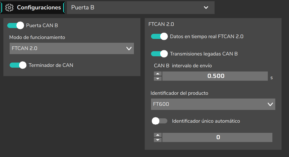 Puerta B en FTCAN 2.0, con el grupo FTCAN 2.0 activo.