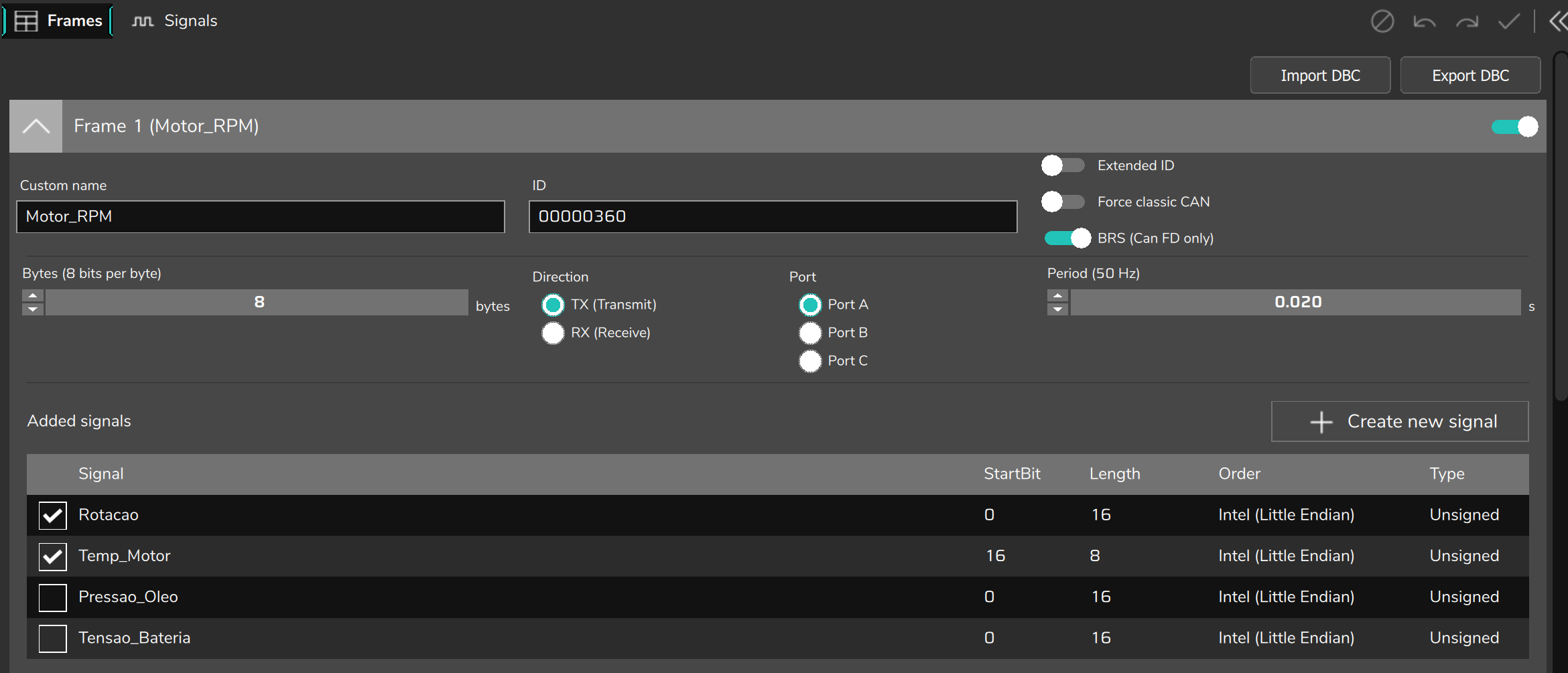 Transmit frame open in the Frames tab.