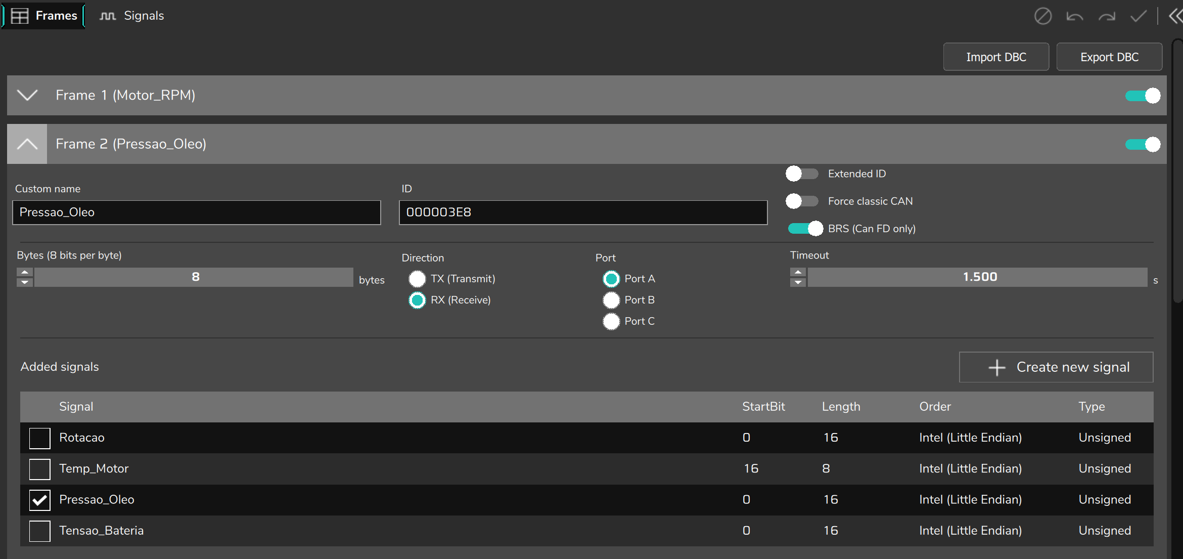 Receive frame open: the Timeout field appears in place of Period.