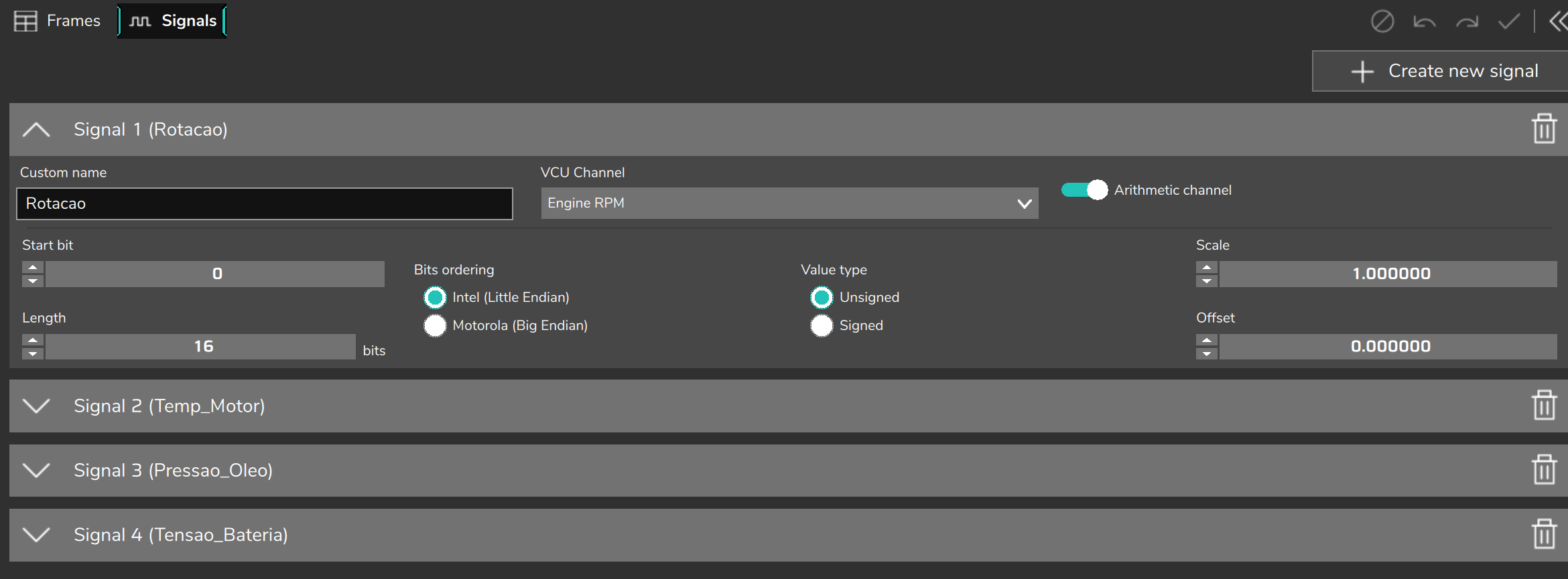 Signals tab, with one signal open.
