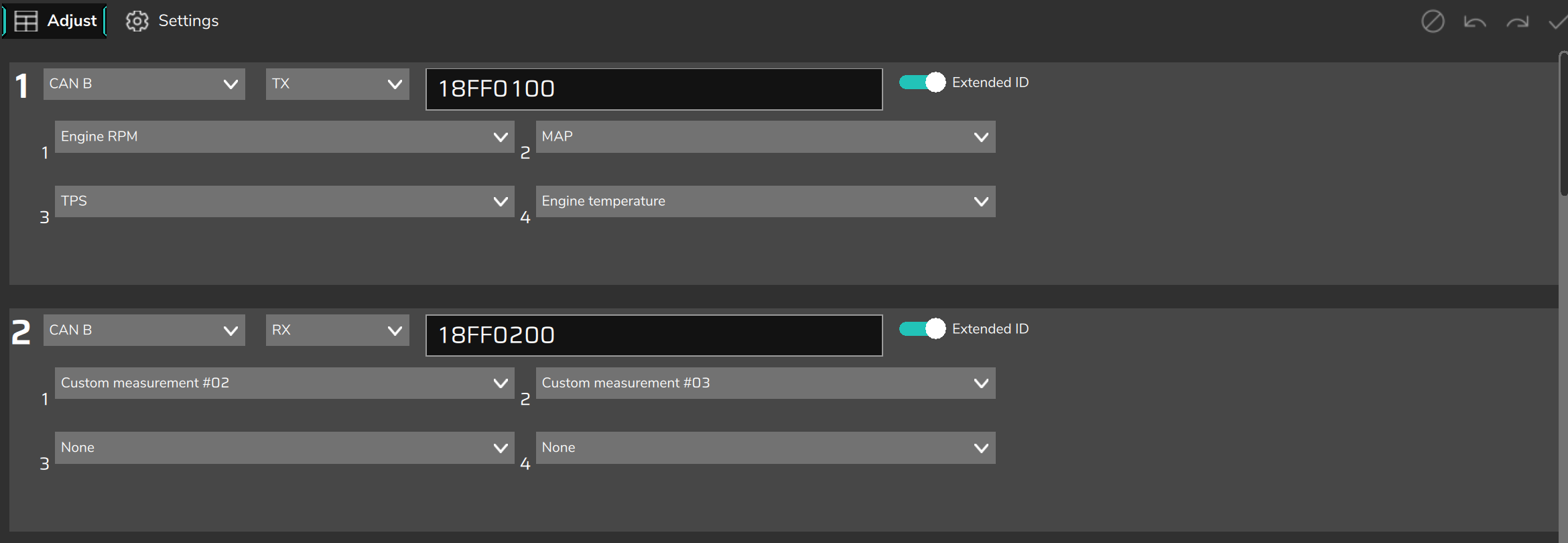 CAN custom packages, Adjust tab.