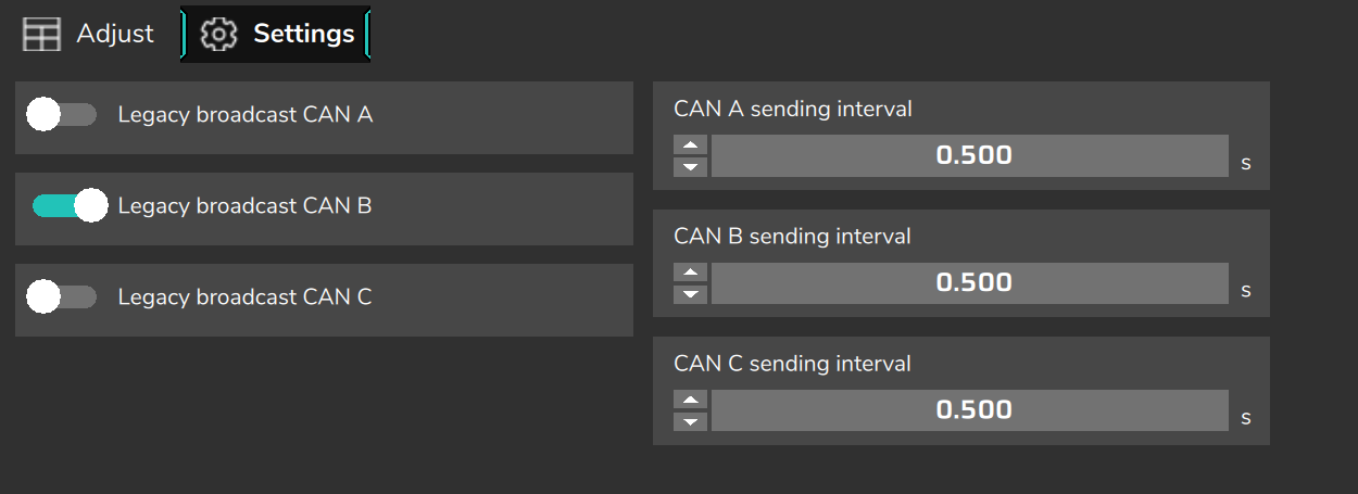 CAN custom packages, Settings tab: Legacy broadcasts and the sending interval of each port.