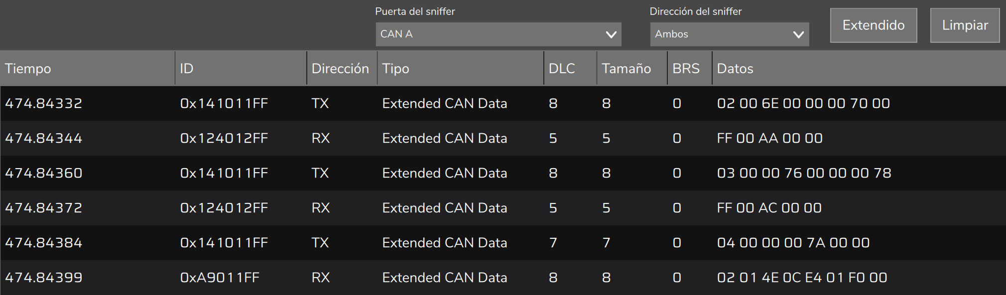 Sniffer CAN en el puerto CAN A, dirección Ambos, modo Extendido: tramas recibidas (RX) y enviadas (TX) por la VCU.