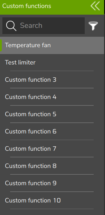 FuelTech Vision side menu, Custom functions group: two named functions and Custom function 3 to 10.
