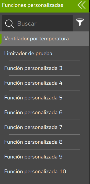Menú lateral de FuelTech Vision, grupo Funciones personalizadas: dos funciones con nombre y Función personalizada 3 a 10.