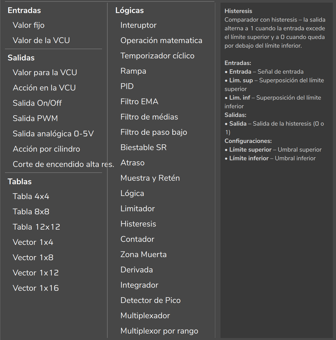 Menú de nuevo bloque, abierto con clic derecho en el diagrama: cuatro categorías y, a la derecha, la ayuda del bloque bajo el puntero (aquí Histeresis).