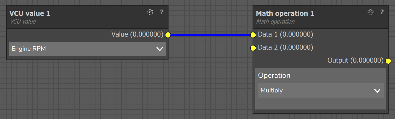 A blue link joins the Value output of VCU value 1 to the Data 1 input of Math operation 1.