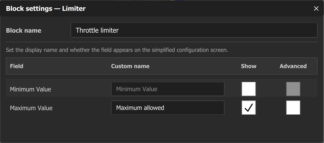 Block settings of a Limiter: Block name and the list Field, Custom name, Show, Advanced; only Maximum Value is checked under Show.