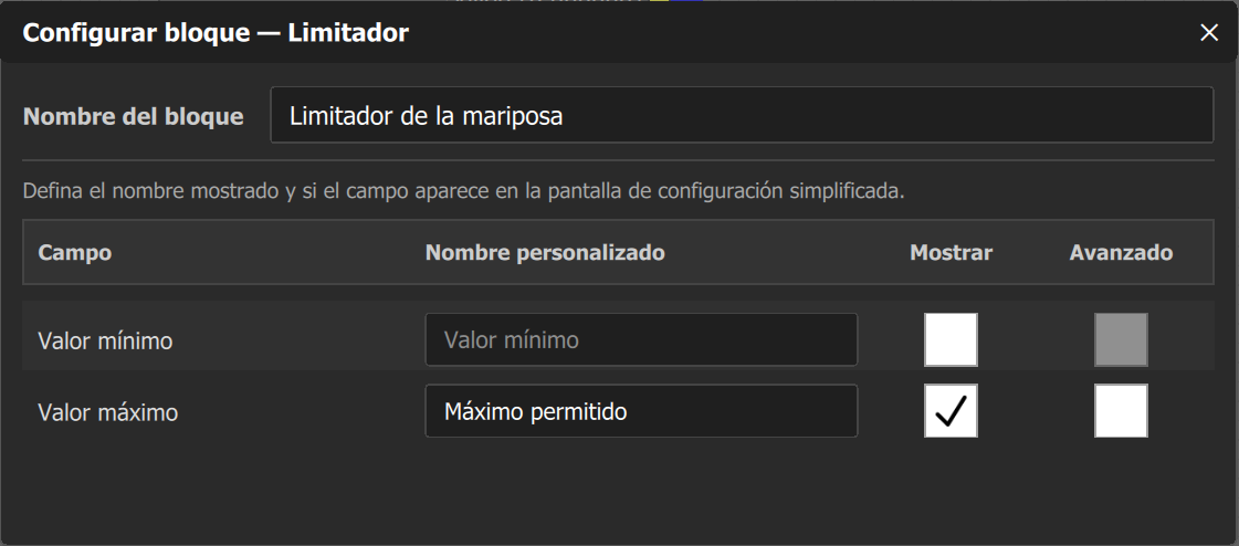 Configurar bloque de un Limitador: Nombre del bloque y la lista Campo, Nombre personalizado, Mostrar, Avanzado; solo Valor máximo marcado en Mostrar.