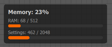 Memory meter of the Adjust tab, here at Memory: 23% with several functions enabled: RAM (68 / 512) and Settings (462 / 2048) bars.