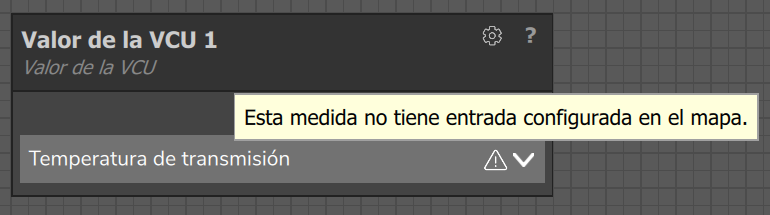 Valor de la VCU con el ícono de alerta junto al canal elegido y el texto Esta medida no tiene entrada configurada en el mapa.
