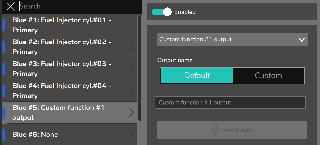Outputs screen: pin Blue #5 with the function Custom function #1 output, the one the On/off output block uses.