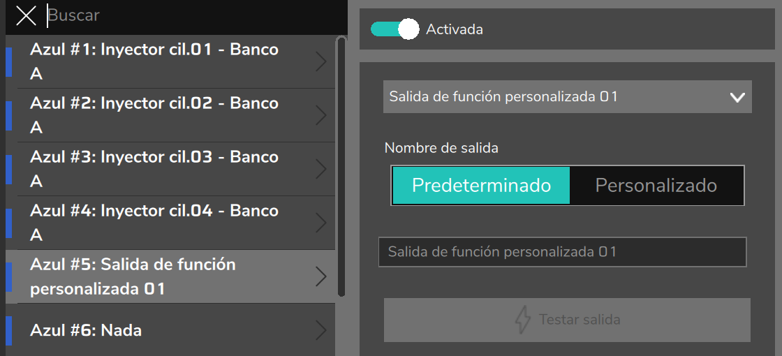 Pantalla Salidas: el pin Azul #5 con la función Salida de función personalizada 01, la que usa el bloque Salida On/Off.