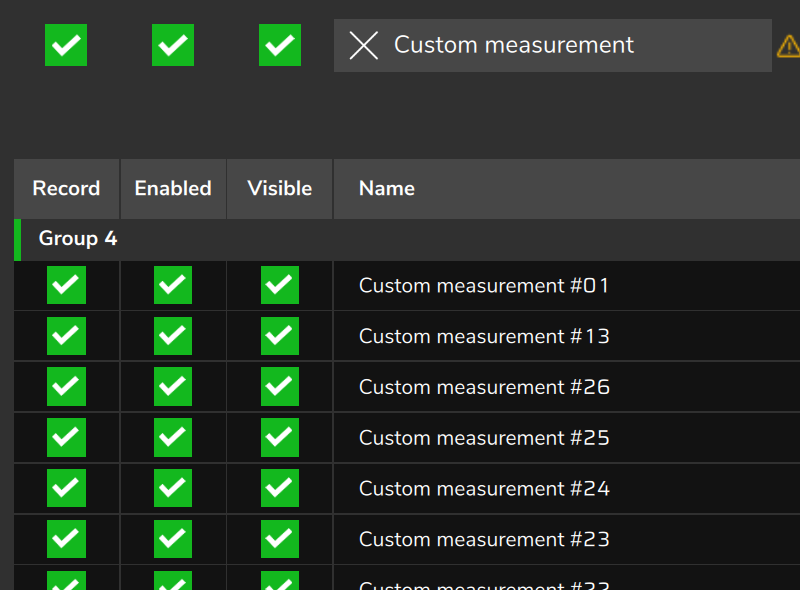 Datalogger settings filtered by Custom measurement: Record, Enabled and Visible checked for the measurements in Group 4.