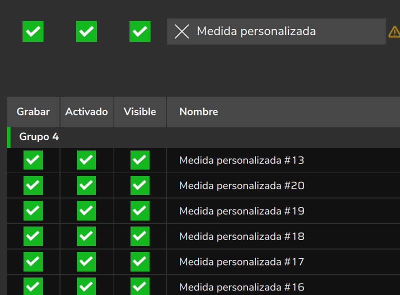 Configuraciones del datalogger filtradas por Medida personalizada: Grabar, Activado y Visible marcados en las medidas del Grupo 4.