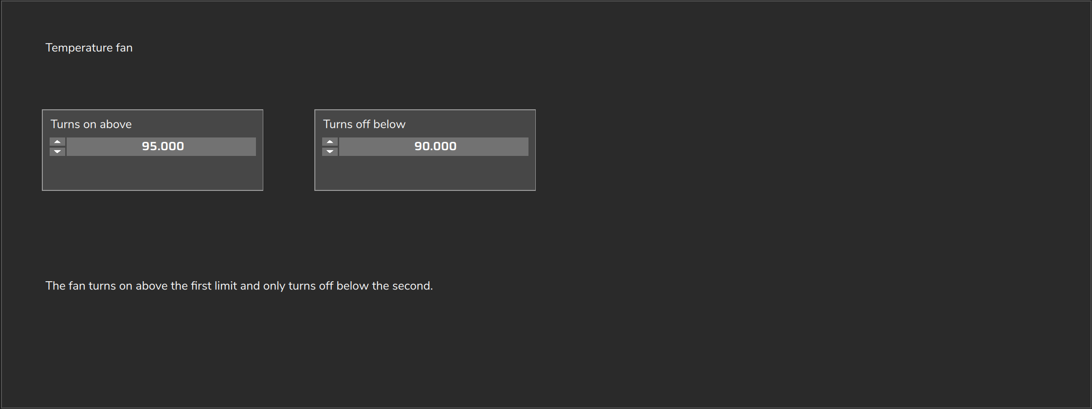 User screen tab of example 1: the Turns on above (95) and Turns off below (90) fields and a text box.