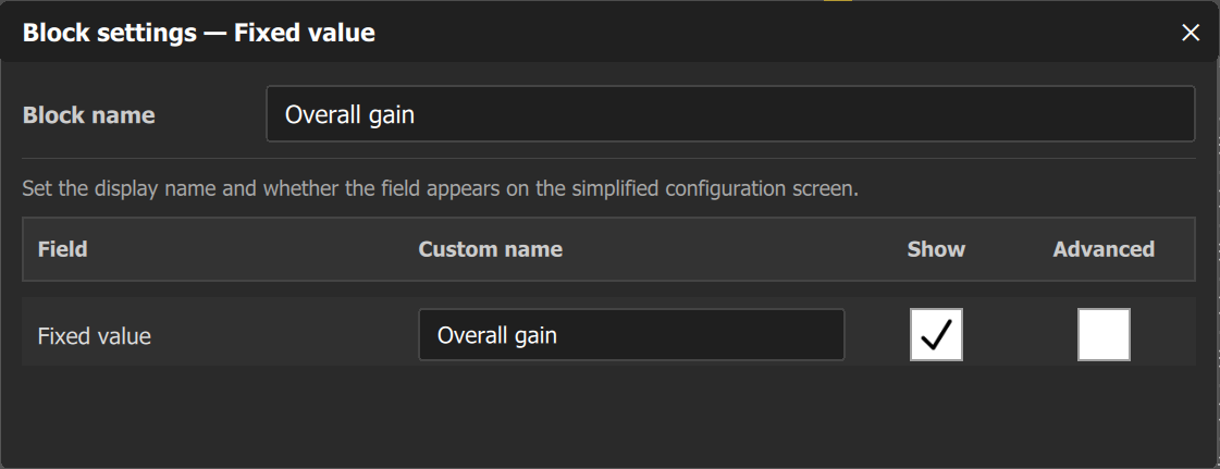 Block settings of a Fixed value: the Fixed value field with Show checked and the Custom name "Overall gain".