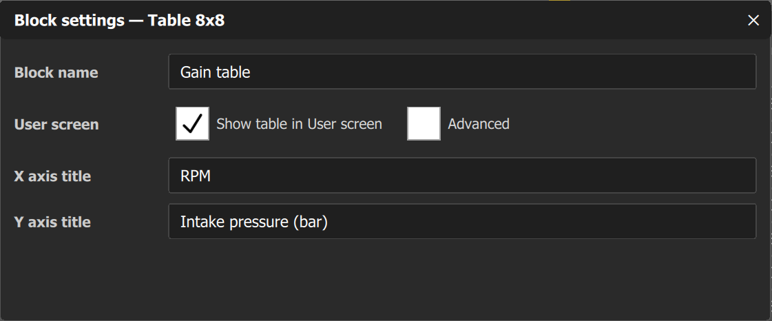Block settings of a Table 8x8: Show table in User screen checked, and the X axis title and Y axis title fields.