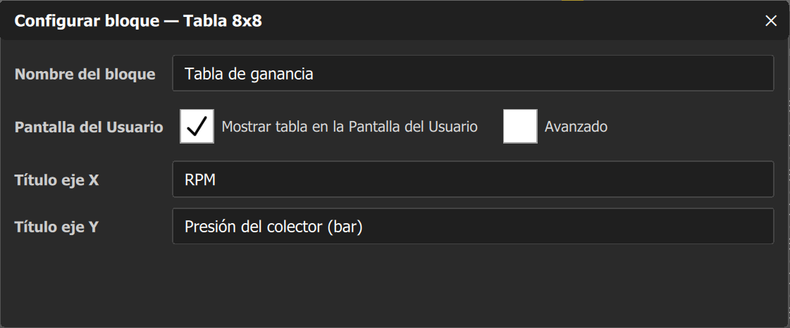 Configurar bloque de una Tabla 8x8: Mostrar tabla en la Pantalla del Usuario marcado y los títulos Título eje X y Título eje Y.