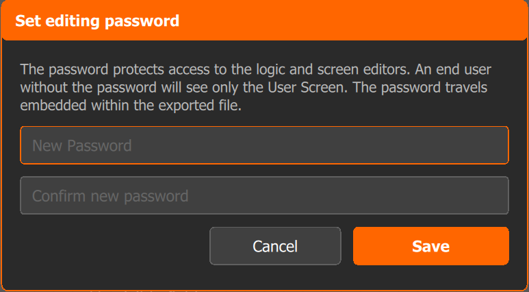 The Set editing password dialog with New Password, Confirm new password, Cancel and Save.