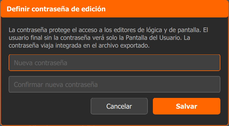 Cuadro Definir contraseña de edición con Nueva contraseña, Confirmar nueva contraseña, Cancelar y Salvar.