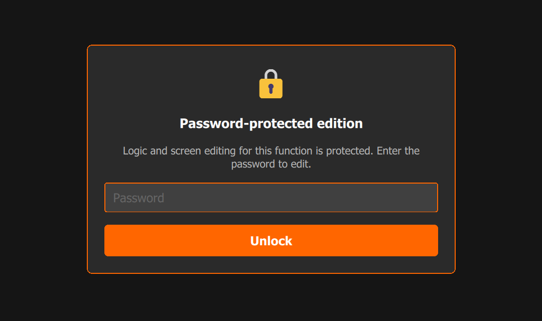 Protected function: the Password-protected edition panel covers the graph and asks for the Password; Unlock enables editing.
