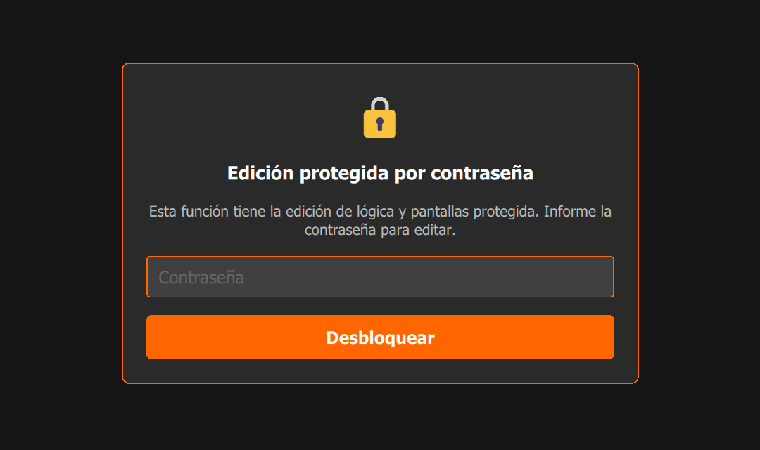 Función protegida: el panel Edición protegida por contraseña cubre el diagrama y pide la Contraseña; Desbloquear libera la edición.