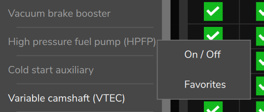 Other Functions: the High pressure fuel pump (HPFP) card switched off and, when held, the On / Off menu.