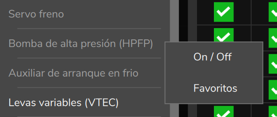 Otras Funciones: la tarjeta Bomba de alta presión (HPFP) apagada y, al mantenerla presionada, el menú On / Off.