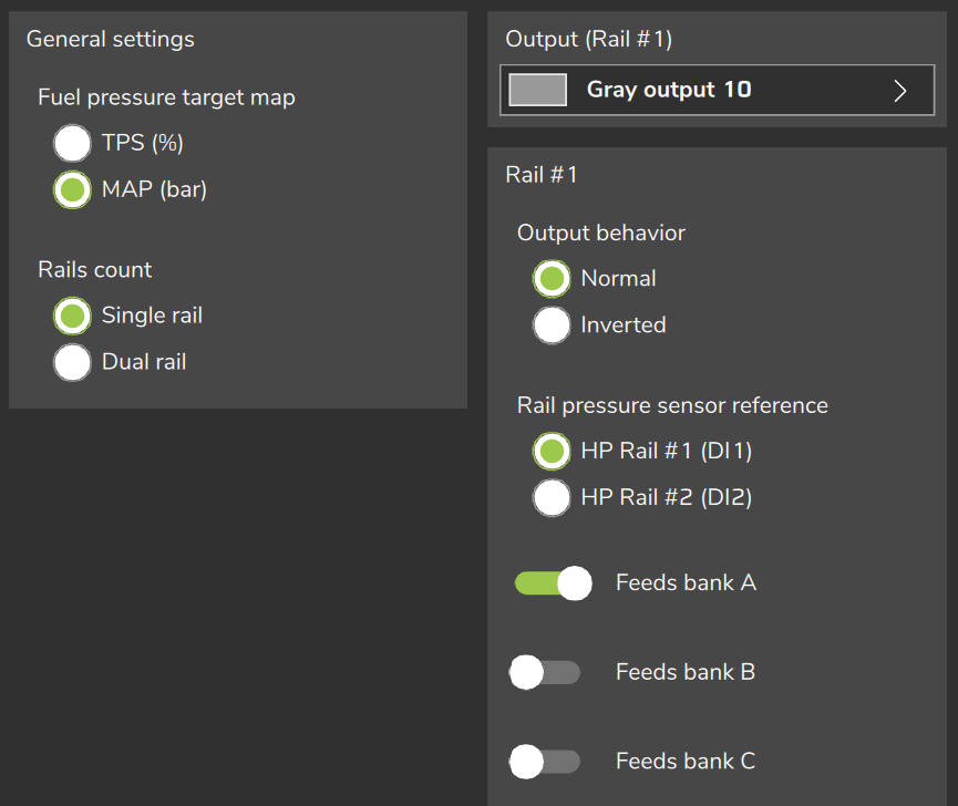 General settings with a single rail (top of the page): Fuel pressure target map, Rails count, output, sensor and banks of Rail #1.
