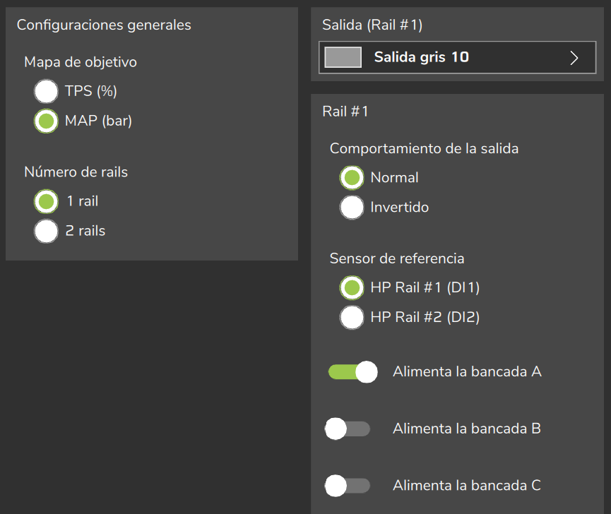 Configuraciones generales con 1 rail (parte superior de la página): Mapa de objetivo, Número de rails, salida, sensor y bancadas del Rail #1.