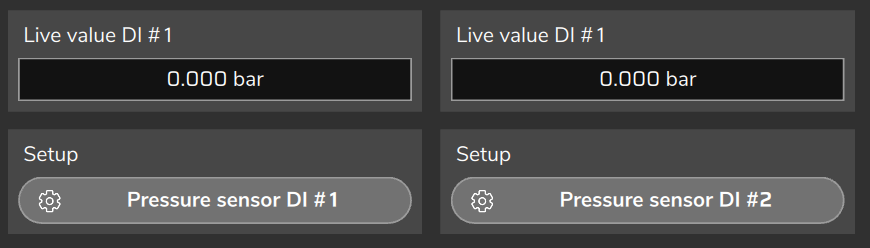 Sensors and calibration > DI rail pressure: one button per input, Pressure sensor DI #1 and DI #2.