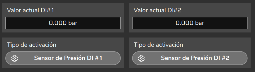 Sensores y calibración > Presión de DI: un botón por entrada, Sensor de Presión DI #1 y DI #2.
