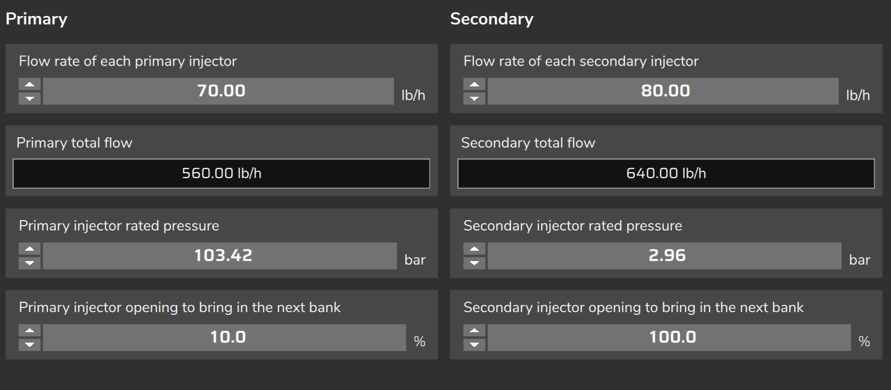 Injector configuration: Primary injector rated pressure (test map value).