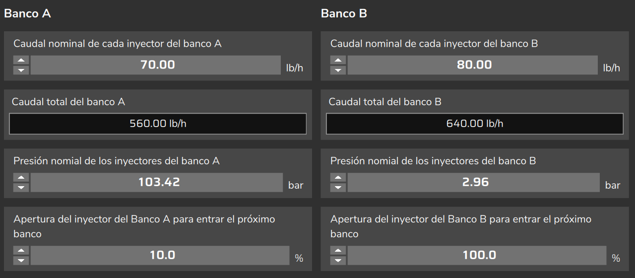 Configuraciones de los inyectores: Presión nomial de los inyectores del banco A (valor del mapa de prueba).