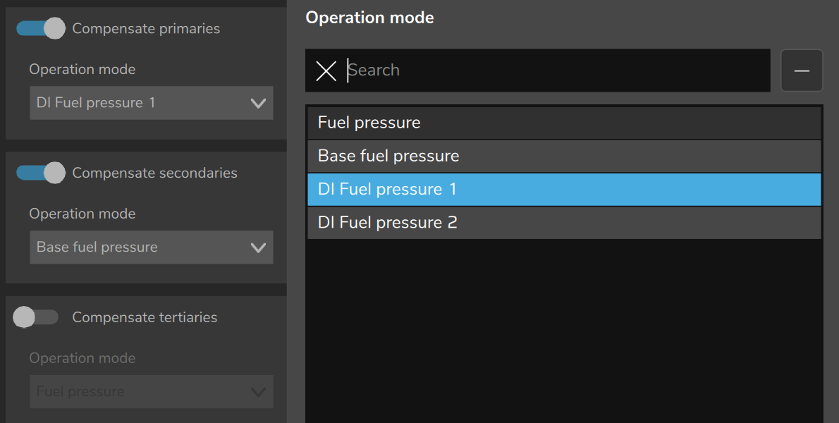 Differential fuel pressure deviation compensation: Compensate primaries on and the Operation mode list open (DI Fuel pressure 1, DI Fuel pressure 2).