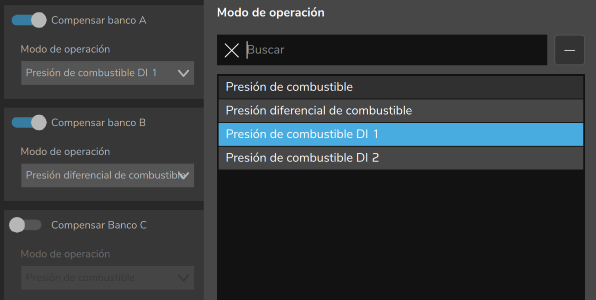 Compensación diferencial de presión de combustible: Compensar banco A activado y la lista de Modo de operación abierta (Presión de combustible DI 1 y DI 2).