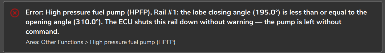 Configuration alert validation with a pump error: lobe closing angle less than or equal to the opening angle (angles swapped on purpose for this capture).