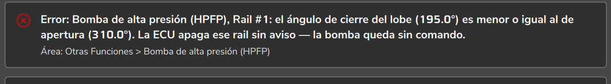 Validación de alertas de configuraciones con un error de la bomba: ángulo de cierre del lobe menor o igual al de apertura (ángulos invertidos a propósito para esta captura).