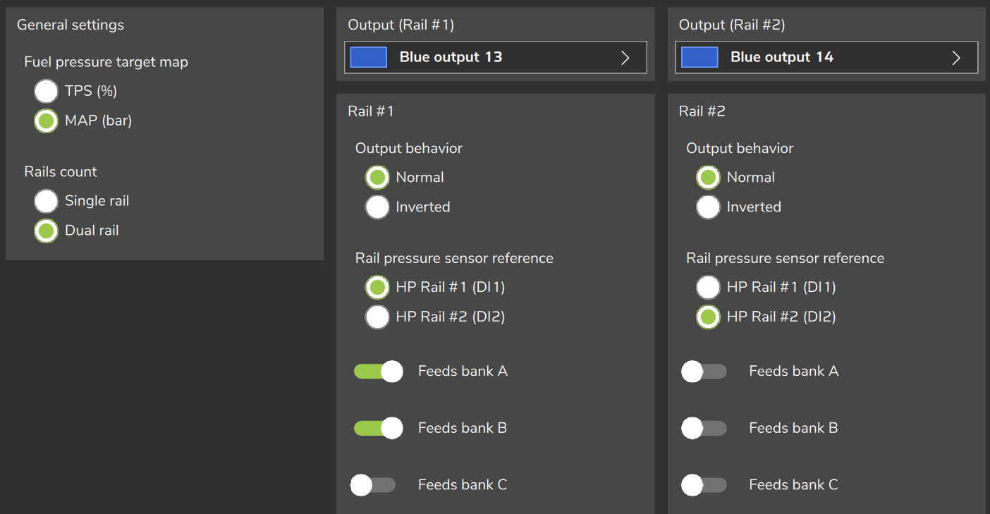 General settings with Dual rail (top of the page): Rail #1 and Rail #2 side by side, each with its own output, sensor and banks.