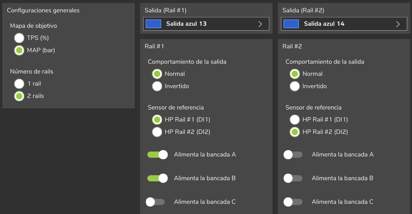 Configuraciones generales con 2 rails (parte superior de la página): Rail #1 y Rail #2 lado a lado, cada uno con su salida, sensor y bancadas.