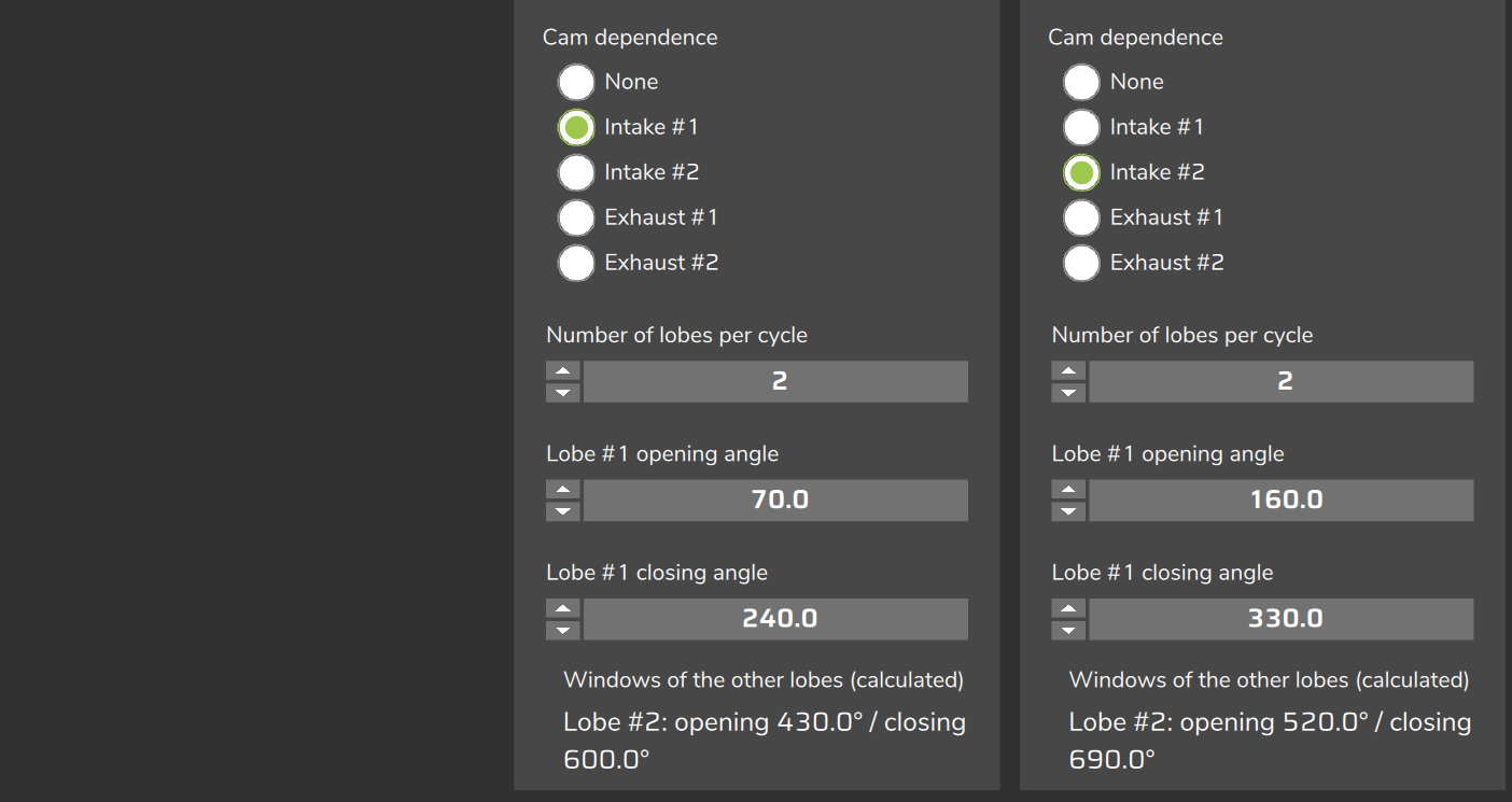 Bottom of the same page: cam, lobes and angles of each rail (test map values).