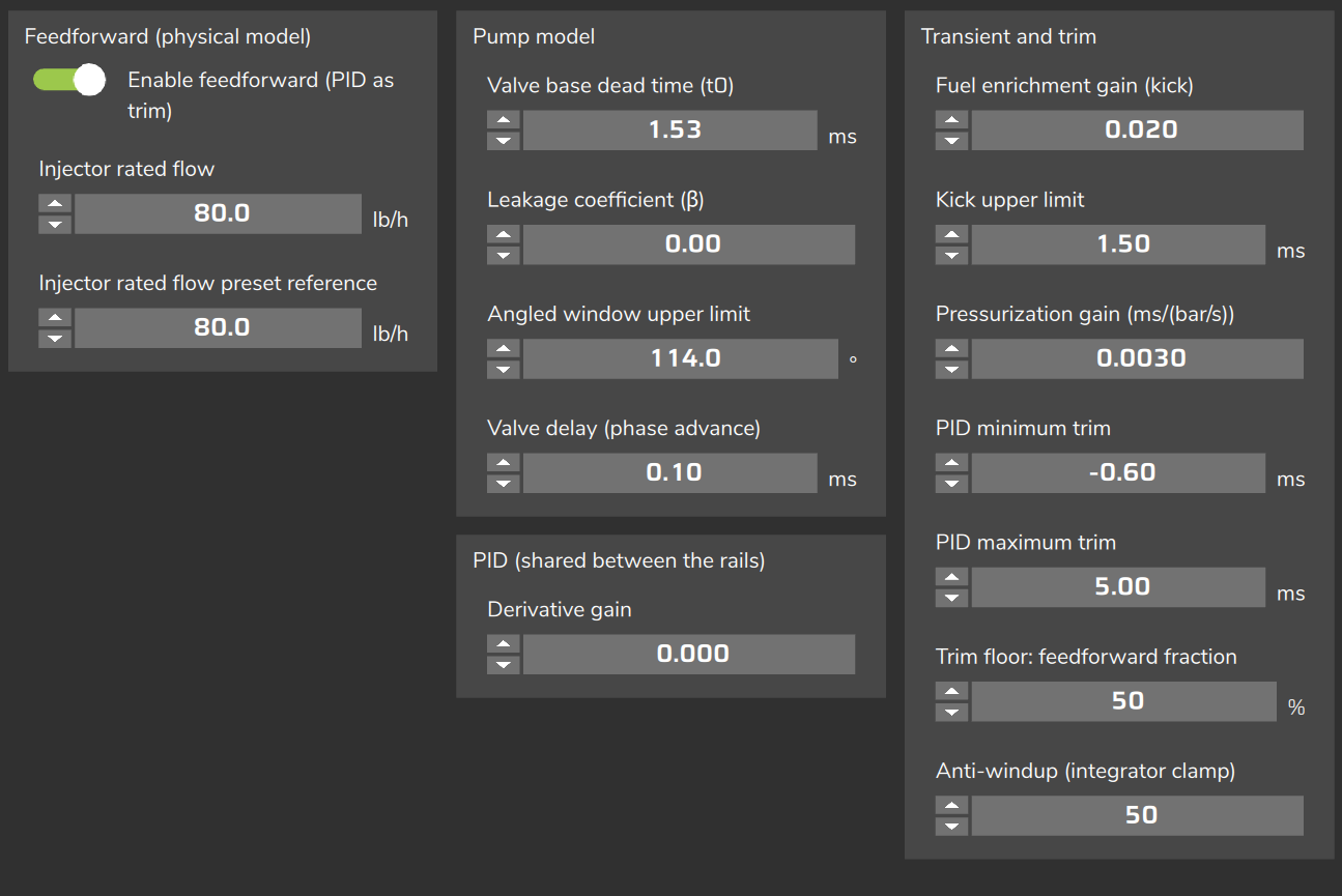 PID settings: Feedforward (physical model), Pump model, PID (shared between the rails) and Transient and trim.