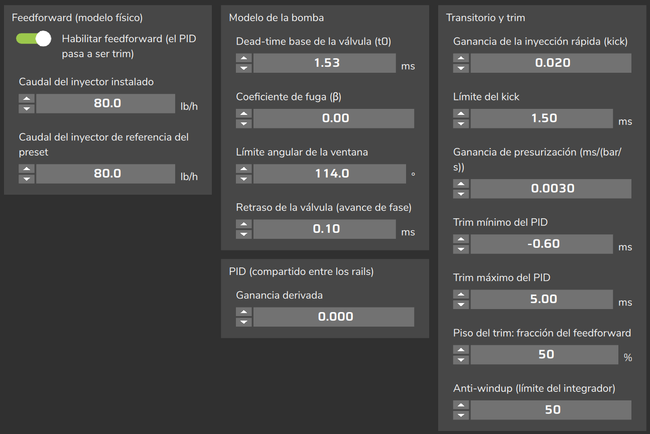 Configuración PID: Feedforward (modelo físico), Modelo de la bomba, PID (compartido entre los rails) y Transitorio y trim.