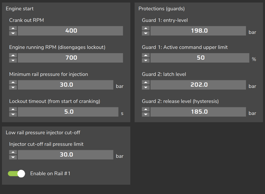 Protection settings: Engine start, Low rail pressure injector cut-off and Protections (guards).