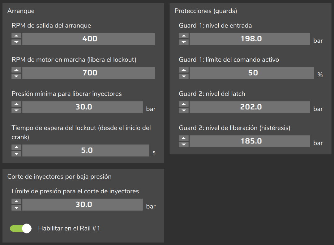 Configuraciones de protección: Arranque, Corte de inyectores por baja presión y Protecciones (guards).