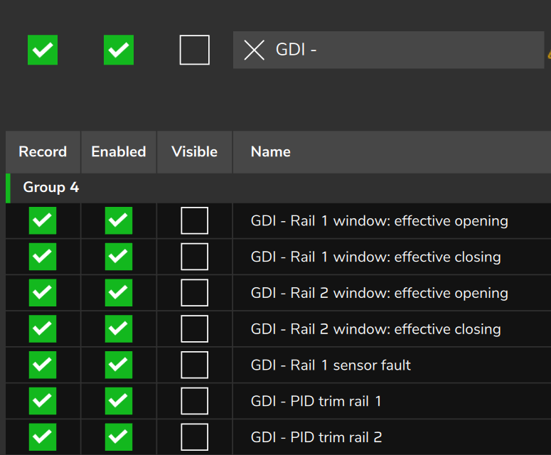 Datalogger settings filtered by GDI: Record, Enabled and Visible for the pump channels.